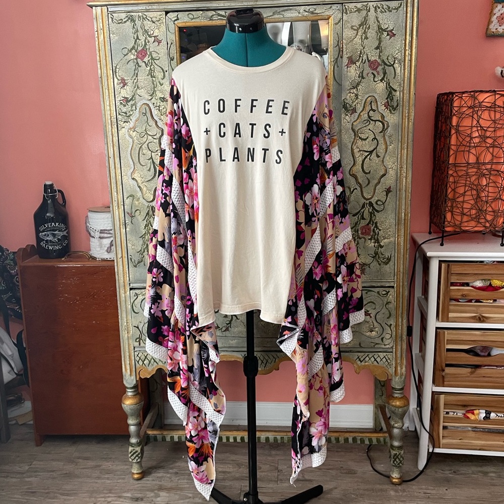 Coffee + Cats + Plants T-shirt Poncho *handmade*